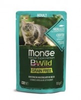 Monge Cat BWild Grain Free (Монж паучи из трески с креветками и овощами для кошек)